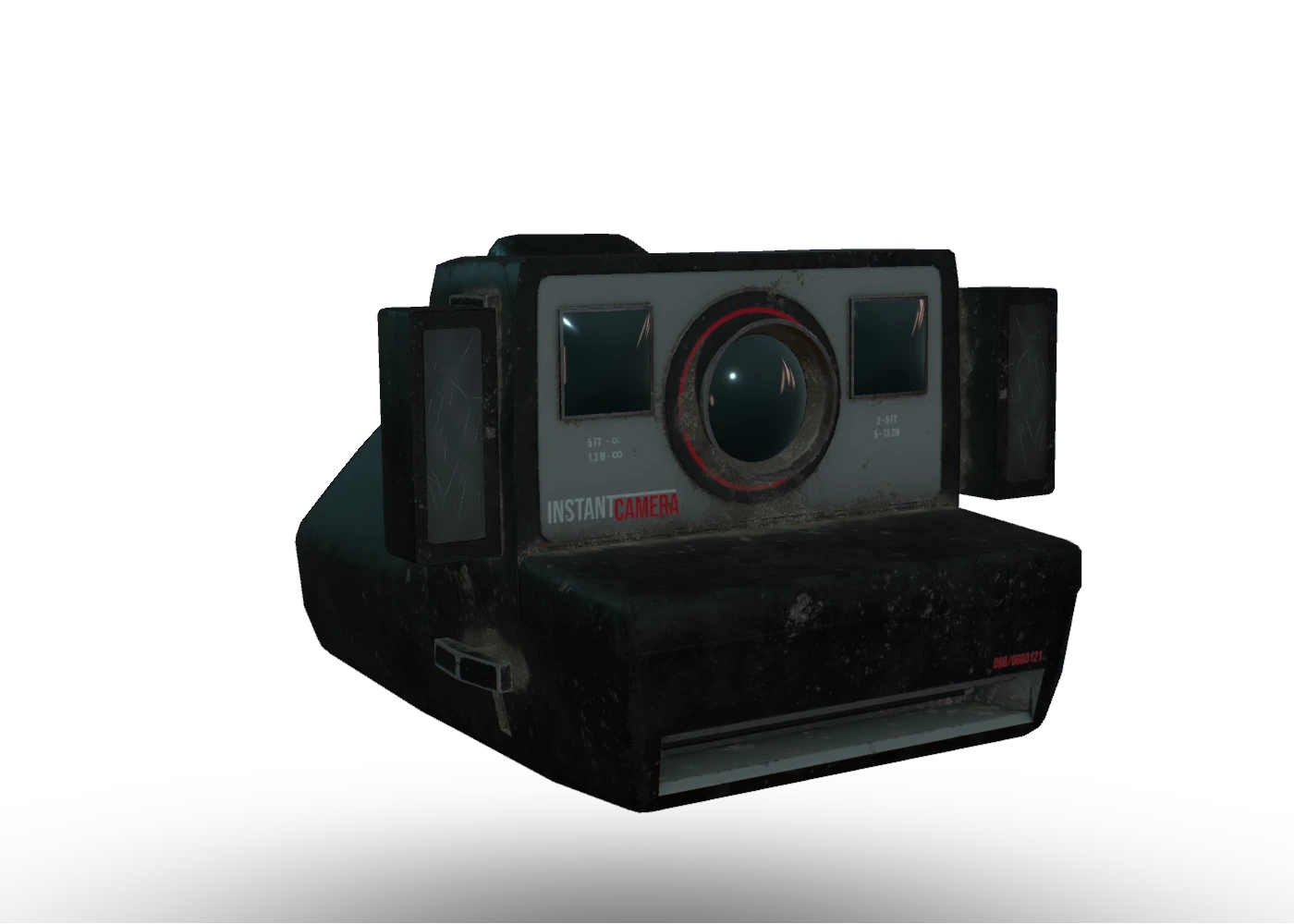 Luca's weathered instant camera, with its lens and folding flash reflectors